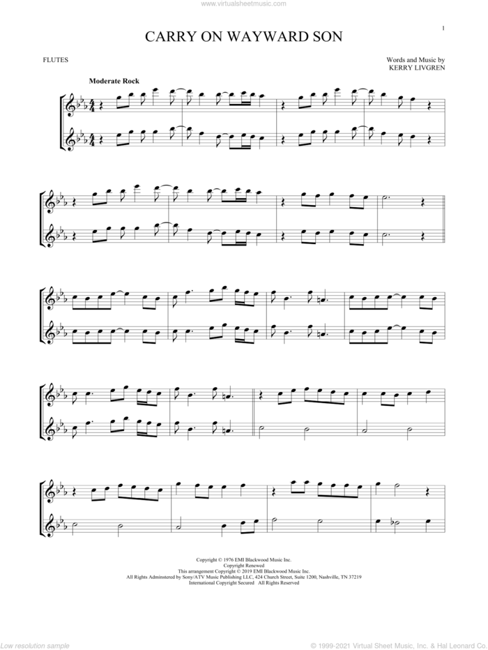 Carry On Wayward Son sheet music for two flutes (duets) by Kansas and Kerry Livgren, intermediate skill level
