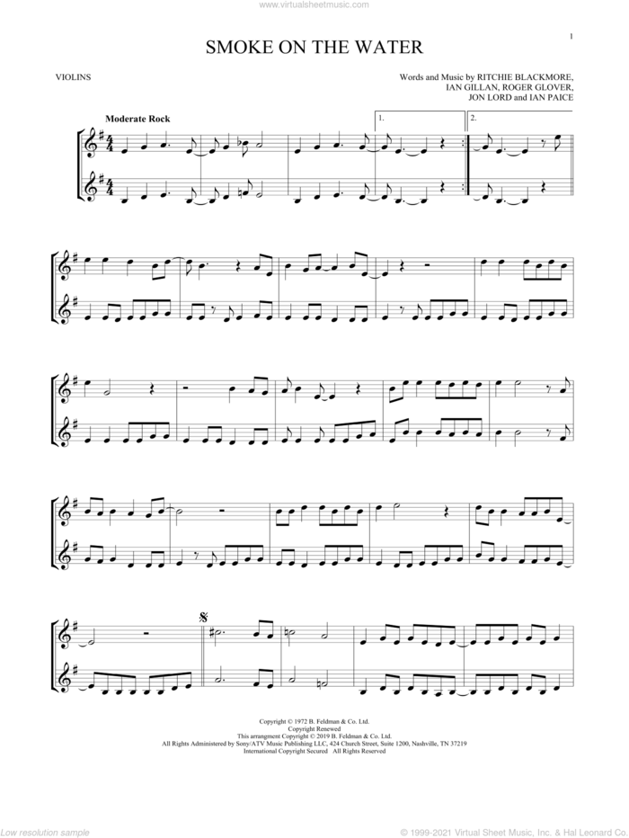 Smoke On The Water sheet music for two violins (duets, violin duets) by Deep Purple, Ian Gillan, Ian Paice, Jon Lord, Ritchie Blackmore and Roger Glover, intermediate skill level