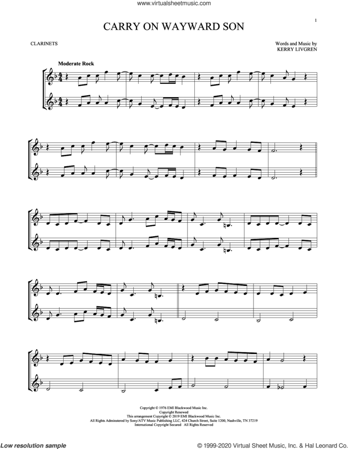 Carry On Wayward Son sheet music for two clarinets (duets) by Kansas and Kerry Livgren, intermediate skill level