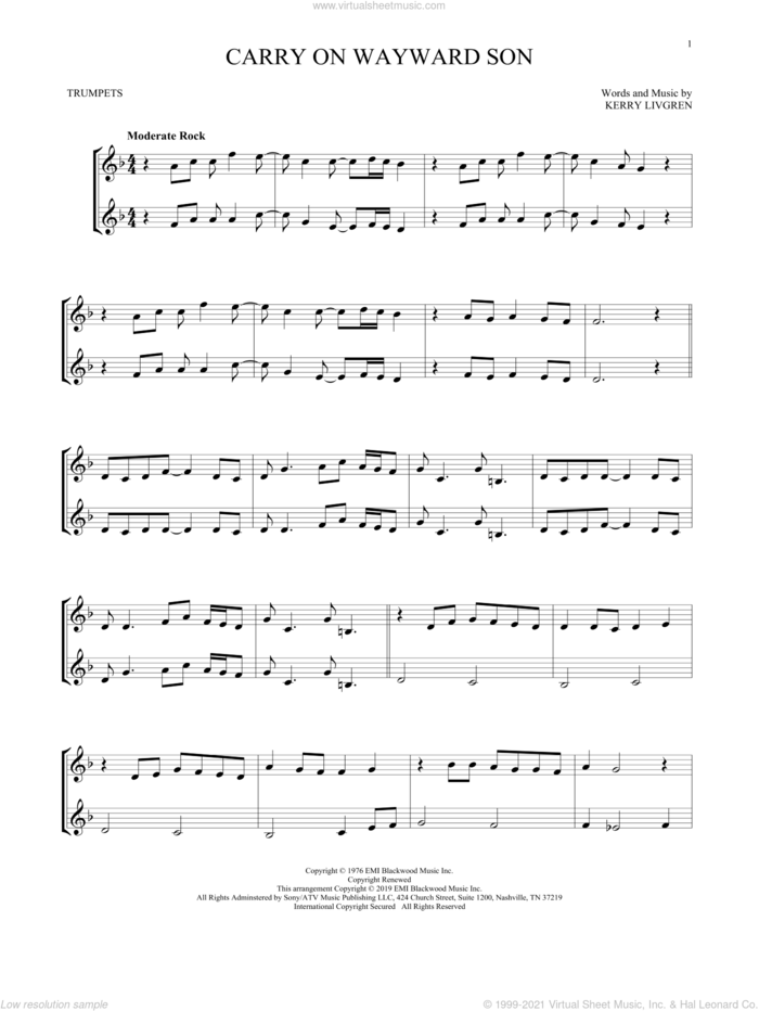 Carry On Wayward Son sheet music for two trumpets (duet, duets) by Kansas and Kerry Livgren, intermediate skill level