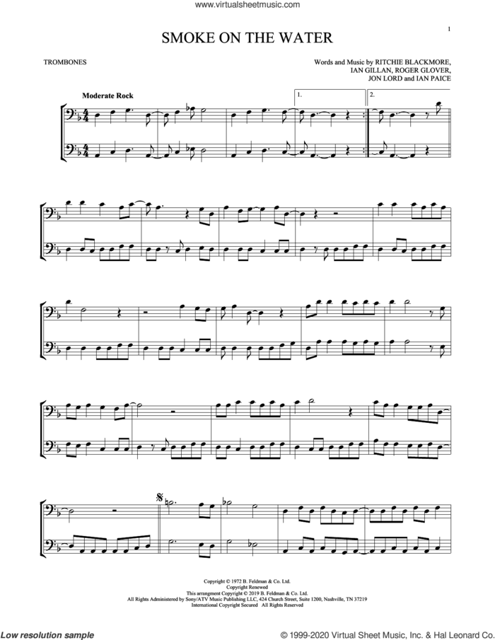Smoke On The Water sheet music for two trombones (duet, duets) by Deep Purple, Ian Gillan, Ian Paice, Jon Lord, Ritchie Blackmore and Roger Glover, intermediate skill level