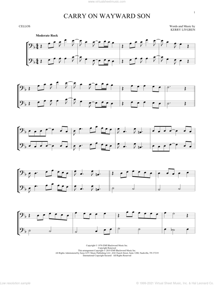 Carry On Wayward Son sheet music for two cellos (duet, duets) by Kansas and Kerry Livgren, intermediate skill level