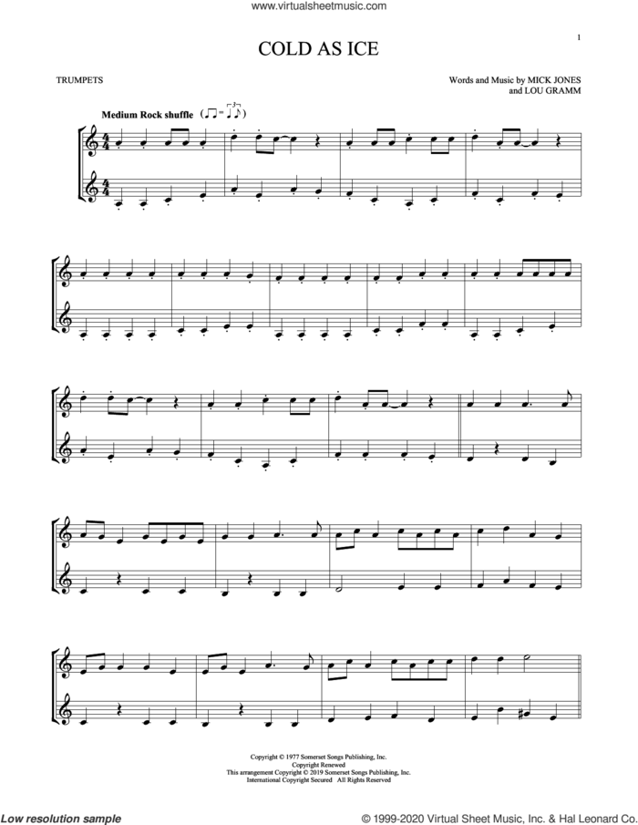 Cold As Ice sheet music for two trumpets (duet, duets) by Foreigner, Lou Gramm and Mick Jones, intermediate skill level