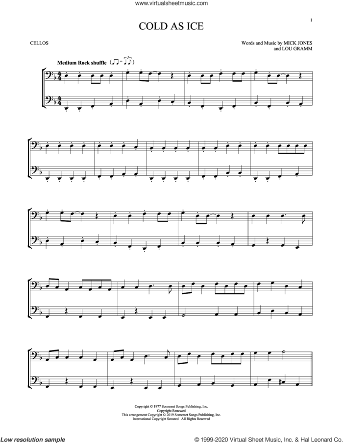 Cold As Ice sheet music for two cellos (duet, duets) by Foreigner, Lou Gramm and Mick Jones, intermediate skill level