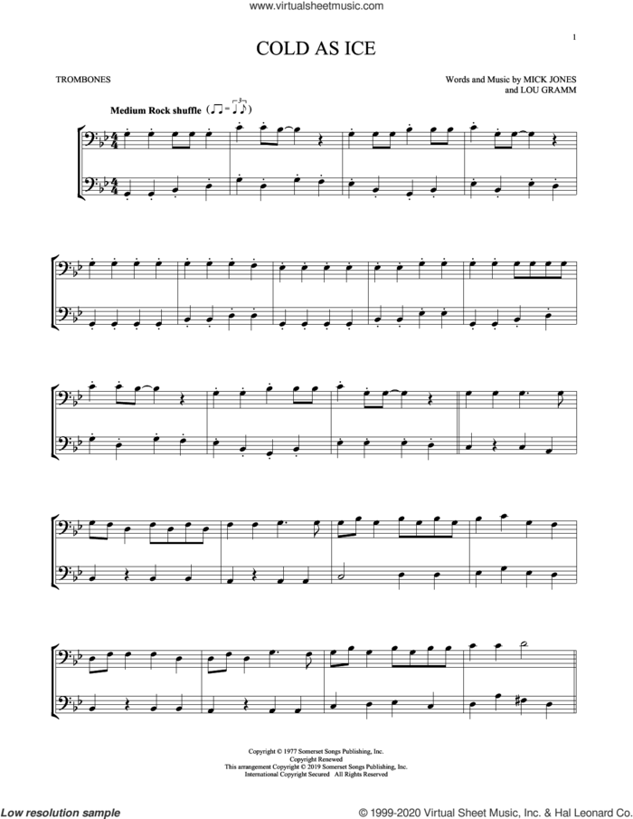 Cold As Ice sheet music for two trombones (duet, duets) by Foreigner, Lou Gramm and Mick Jones, intermediate skill level
