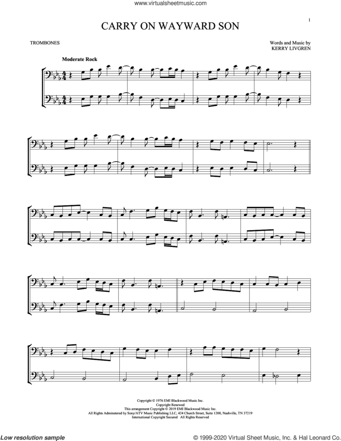 Carry On Wayward Son sheet music for two trombones (duet, duets) by Kansas and Kerry Livgren, intermediate skill level