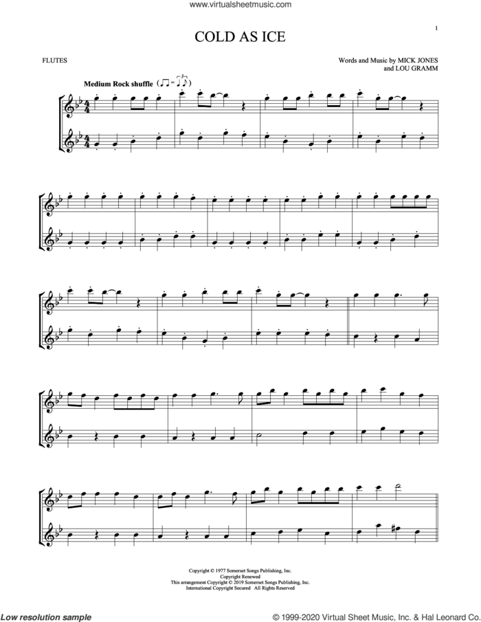 Cold As Ice sheet music for two flutes (duets) by Foreigner, Lou Gramm and Mick Jones, intermediate skill level