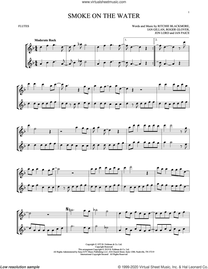 Smoke On The Water sheet music for two flutes (duets) by Deep Purple, Ian Gillan, Ian Paice, Jon Lord, Ritchie Blackmore and Roger Glover, intermediate skill level
