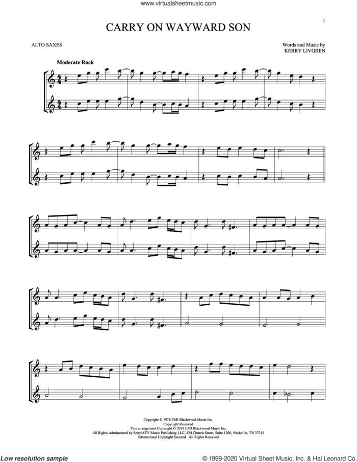 Carry On Wayward Son sheet music for two alto saxophones (duets) by Kansas and Kerry Livgren, intermediate skill level