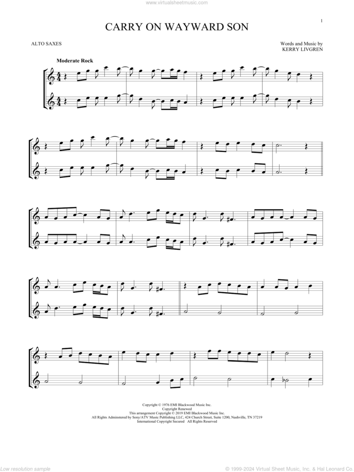 Carry On Wayward Son sheet music for two alto saxophones (duets) by Kansas and Kerry Livgren, intermediate skill level