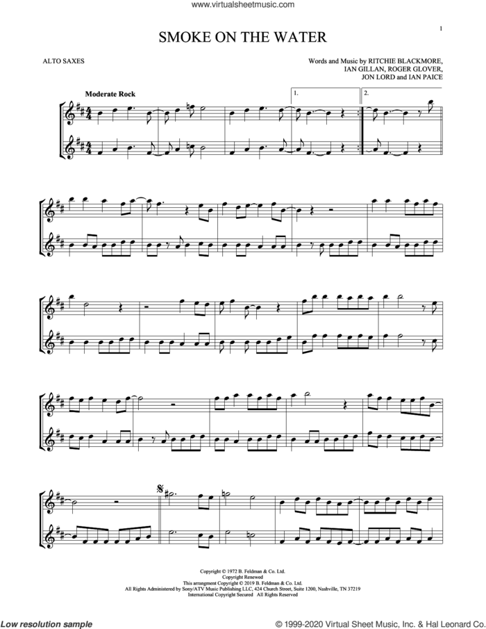 Smoke On The Water sheet music for two alto saxophones (duets) by Deep Purple, Ian Gillan, Ian Paice, Jon Lord, Ritchie Blackmore and Roger Glover, intermediate skill level