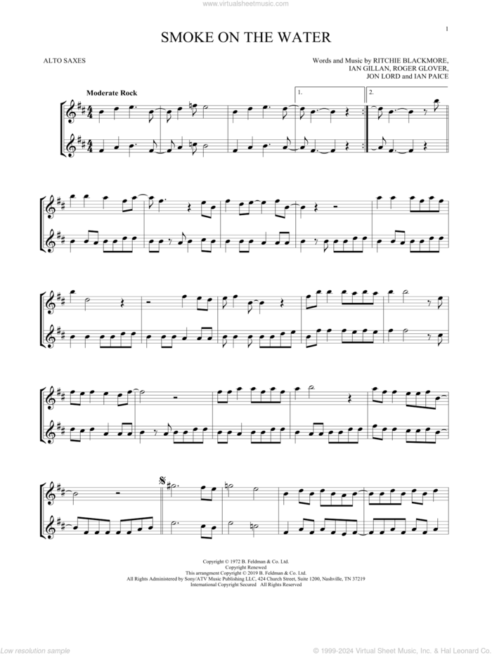 Smoke On The Water sheet music for two alto saxophones (duets) by Deep Purple, Ian Gillan, Ian Paice, Jon Lord, Ritchie Blackmore and Roger Glover, intermediate skill level