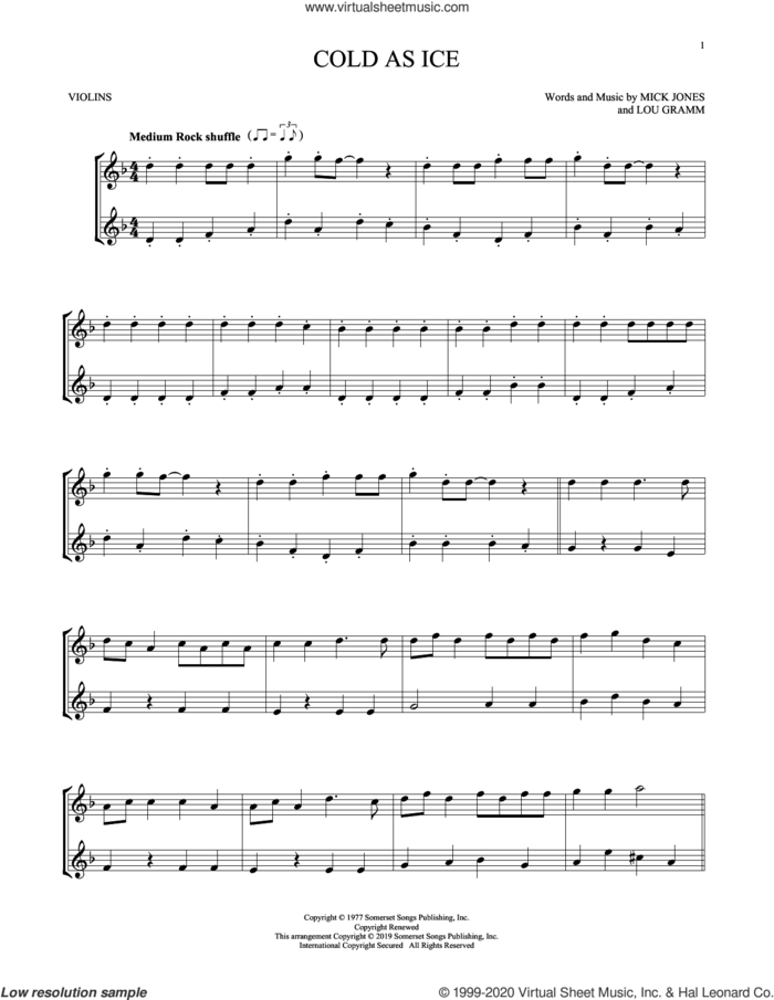 Cold As Ice sheet music for two violins (duets, violin duets) by Foreigner, Lou Gramm and Mick Jones, intermediate skill level