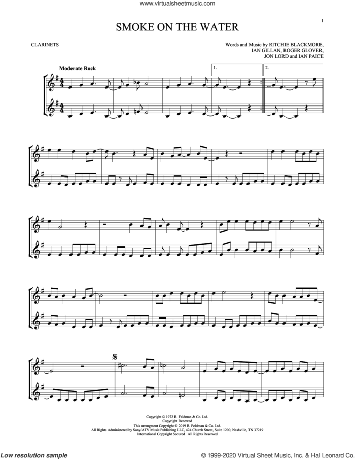 Smoke On The Water sheet music for two clarinets (duets) by Deep Purple, Ian Gillan, Ian Paice, Jon Lord, Ritchie Blackmore and Roger Glover, intermediate skill level