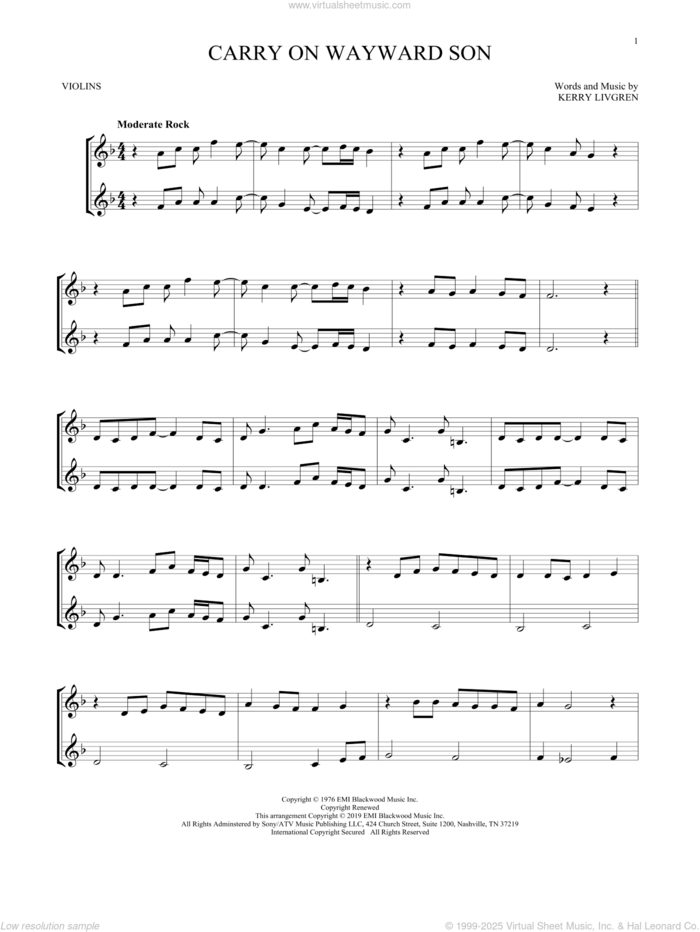 Carry On Wayward Son sheet music for two violins (duets, violin duets) by Kansas and Kerry Livgren, intermediate skill level