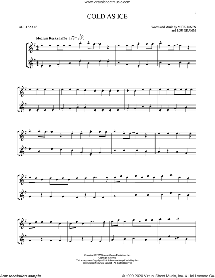 Cold As Ice sheet music for two alto saxophones (duets) by Foreigner, Lou Gramm and Mick Jones, intermediate skill level