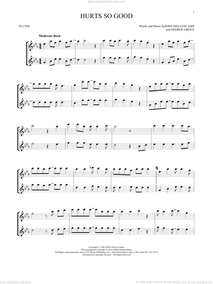 Hurts So Good sheet music for two flutes (duets) by John Mellencamp and George Green, intermediate skill level