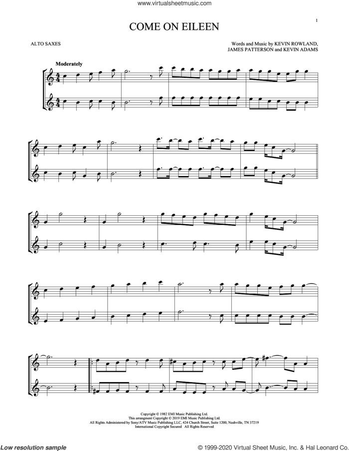 Come On Eileen sheet music for two alto saxophones (duets) by Dexy's Midnight Runners, James Patterson, Kevin Adams and Kevin Rowland, intermediate skill level