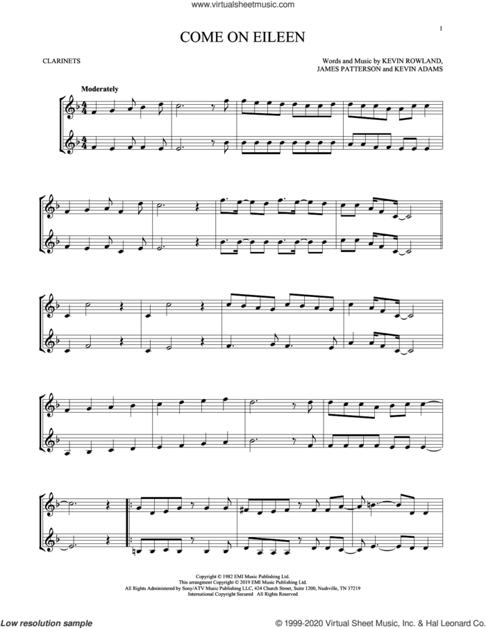 Come On Eileen sheet music for two clarinets (duets) by Dexy's Midnight Runners, James Patterson, Kevin Adams and Kevin Rowland, intermediate skill level
