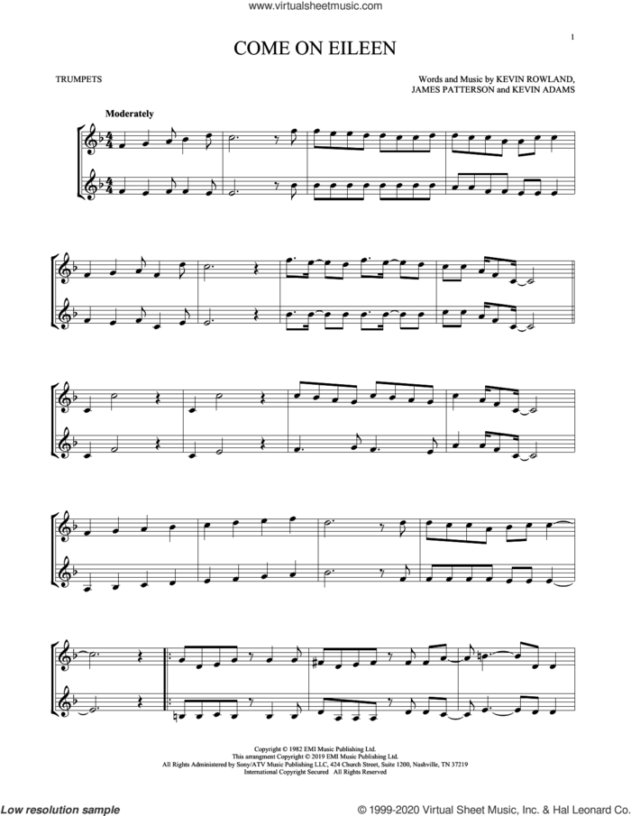 Come On Eileen sheet music for two trumpets (duet, duets) by Dexy's Midnight Runners, James Patterson, Kevin Adams and Kevin Rowland, intermediate skill level