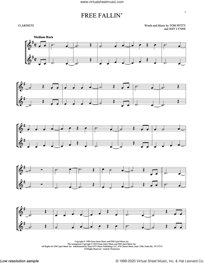 Free Fallin' sheet music for two clarinets (duets) by Tom Petty and Jeff Lynne, intermediate skill level