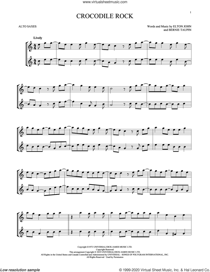 Crocodile Rock sheet music for two alto saxophones (duets) by Elton John and Bernie Taupin, intermediate skill level