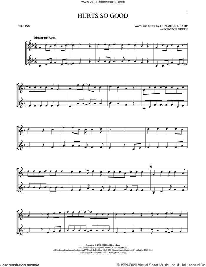Hurts So Good sheet music for two violins (duets, violin duets) by John Mellencamp and George Green, intermediate skill level