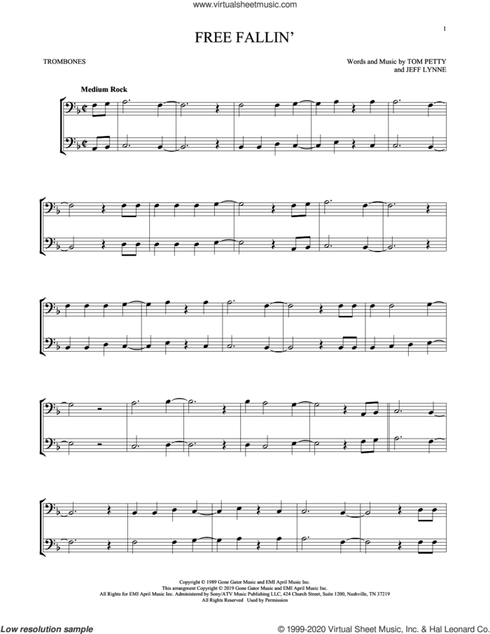 Free Fallin' sheet music for two trombones (duet, duets) by Tom Petty and Jeff Lynne, intermediate skill level