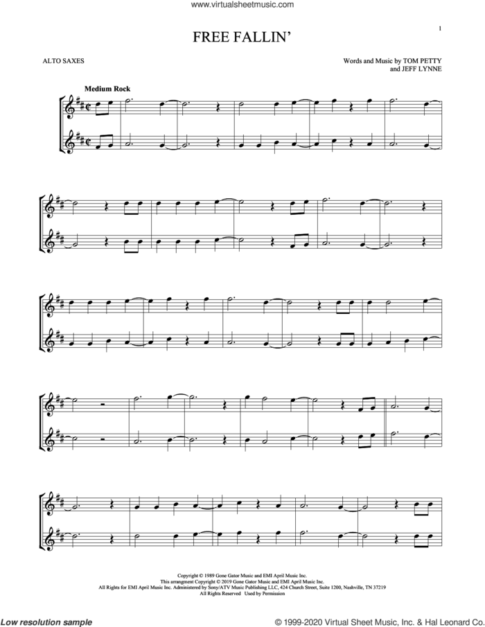 Free Fallin' sheet music for two alto saxophones (duets) by Tom Petty and Jeff Lynne, intermediate skill level