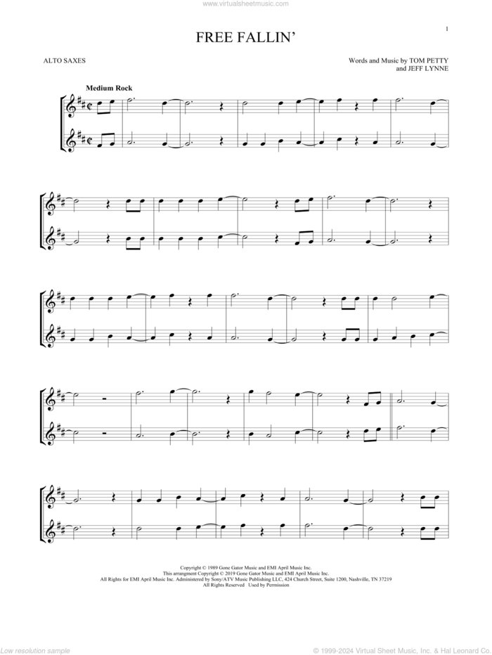 Free Fallin' sheet music for two alto saxophones (duets) by Tom Petty and Jeff Lynne, intermediate skill level