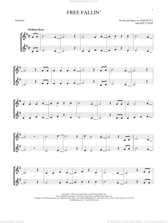 Free Fallin' sheet music for two violins (duets, violin duets) by Tom Petty and Jeff Lynne, intermediate skill level