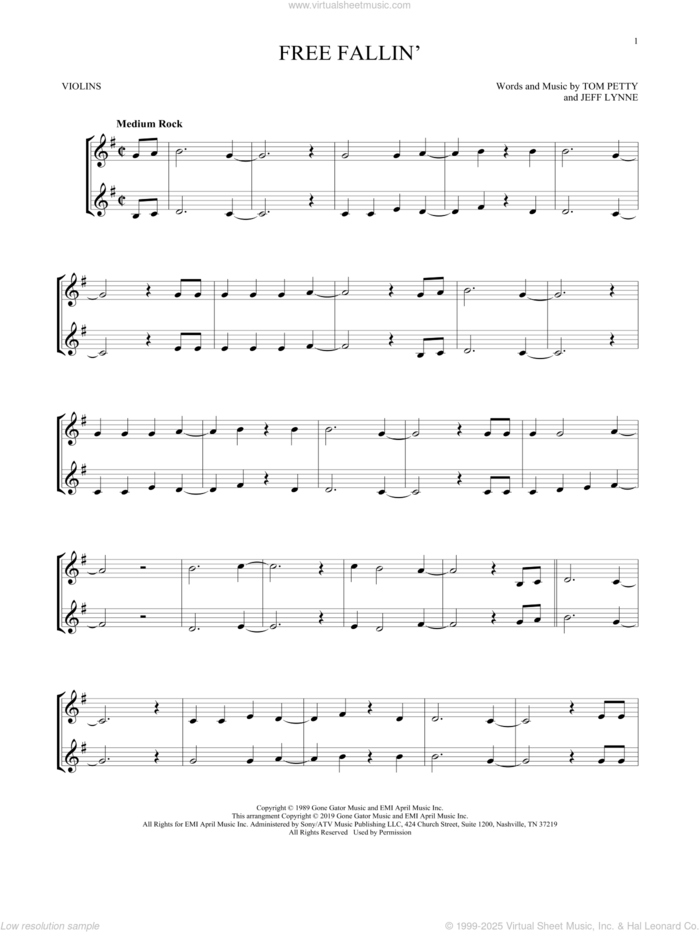 Free Fallin' sheet music for two violins (duets, violin duets) by Tom Petty and Jeff Lynne, intermediate skill level