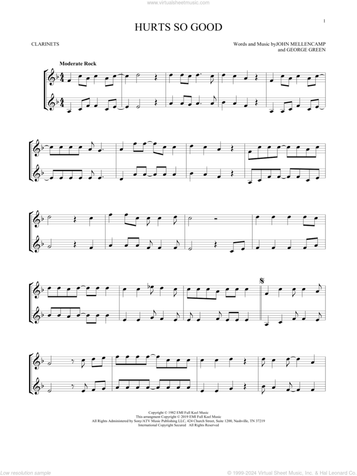 Hurts So Good sheet music for two clarinets (duets) by John Mellencamp and George Green, intermediate skill level