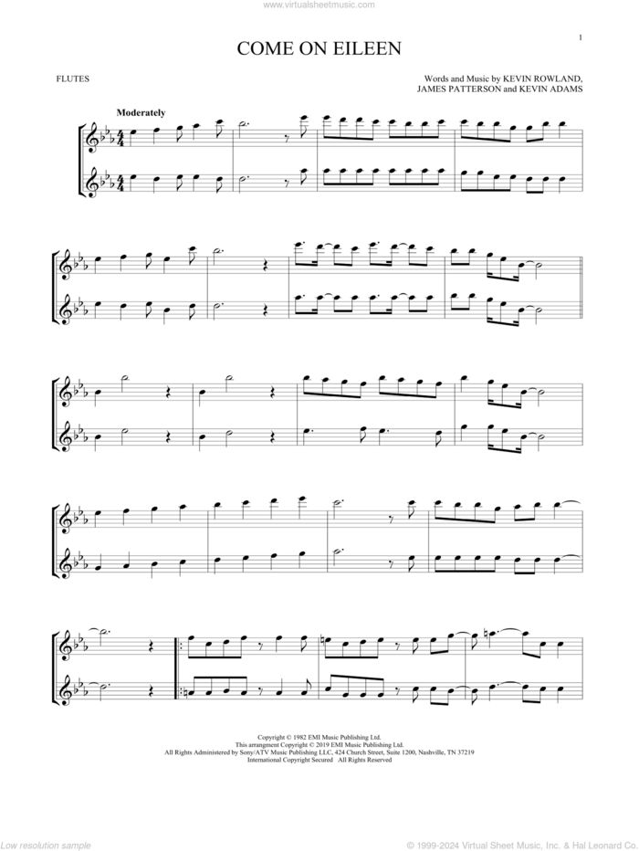 Come On Eileen sheet music for two flutes (duets) by Dexy's Midnight Runners, James Patterson, Kevin Adams and Kevin Rowland, intermediate skill level