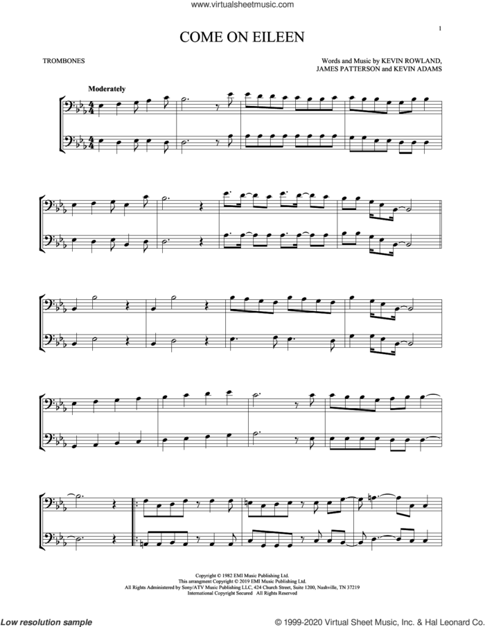 Come On Eileen sheet music for two trombones (duet, duets) by Dexy's Midnight Runners, James Patterson, Kevin Adams and Kevin Rowland, intermediate skill level
