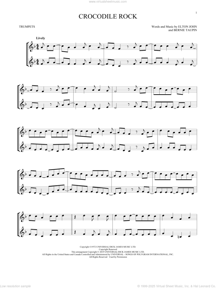 Crocodile Rock sheet music for two trumpets (duet, duets) by Elton John and Bernie Taupin, intermediate skill level