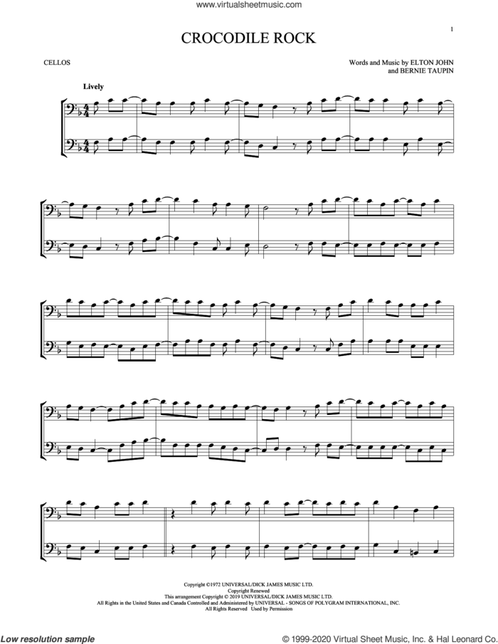 Crocodile Rock sheet music for two cellos (duet, duets) by Elton John and Bernie Taupin, intermediate skill level