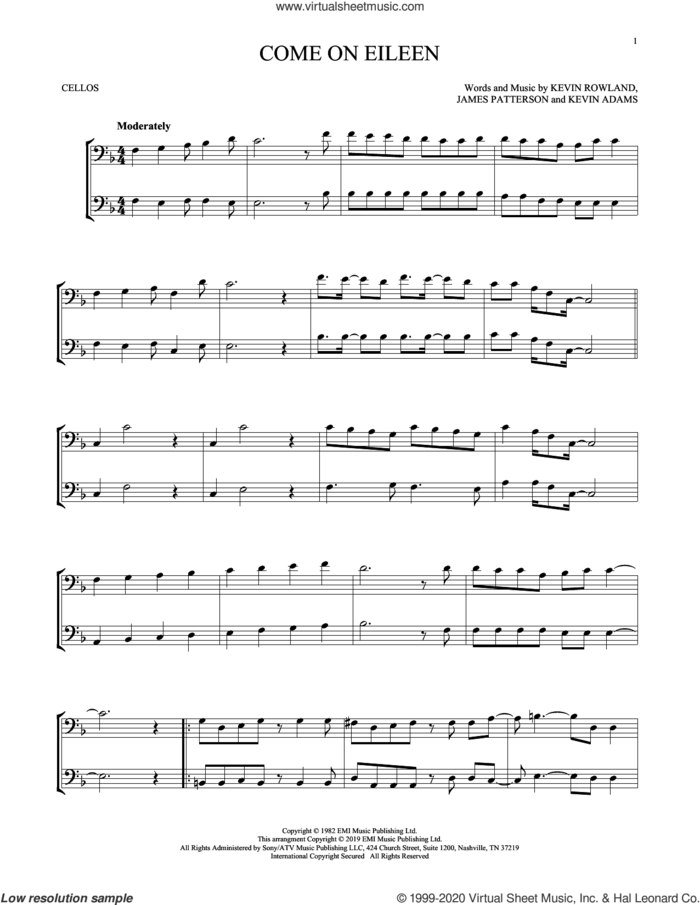 Come On Eileen sheet music for two cellos (duet, duets) by Dexy's Midnight Runners, James Patterson, Kevin Adams and Kevin Rowland, intermediate skill level