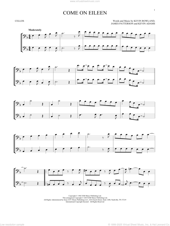 Come On Eileen sheet music for two cellos (duet, duets) by Dexy's Midnight Runners, James Patterson, Kevin Adams and Kevin Rowland, intermediate skill level