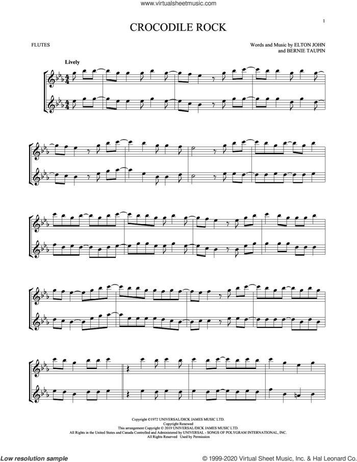 Crocodile Rock sheet music for two flutes (duets) by Elton John and Bernie Taupin, intermediate skill level