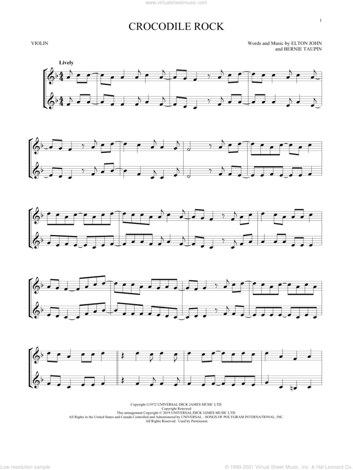 Crocodile Rock sheet music for two violins (duets, violin duets) by Elton John and Bernie Taupin, intermediate skill level