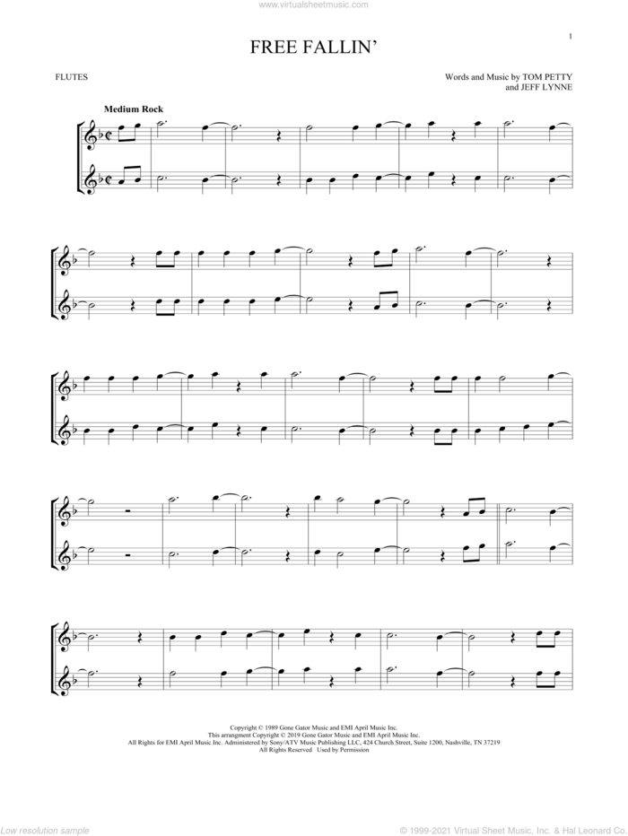 Free Fallin' sheet music for two flutes (duets) by Tom Petty and Jeff Lynne, intermediate skill level