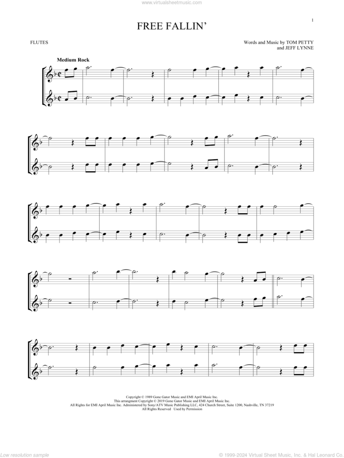 Free Fallin' sheet music for two flutes (duets) by Tom Petty and Jeff Lynne, intermediate skill level