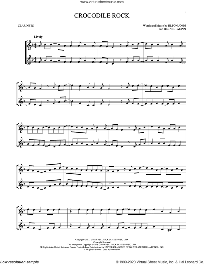 Crocodile Rock sheet music for two clarinets (duets) by Elton John and Bernie Taupin, intermediate skill level