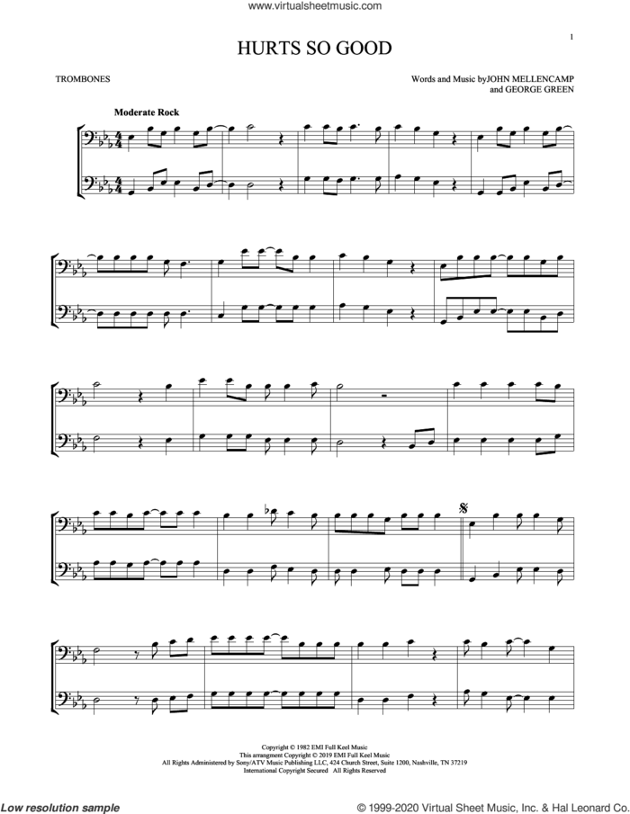 Hurts So Good sheet music for two trombones (duet, duets) by John Mellencamp and George Green, intermediate skill level