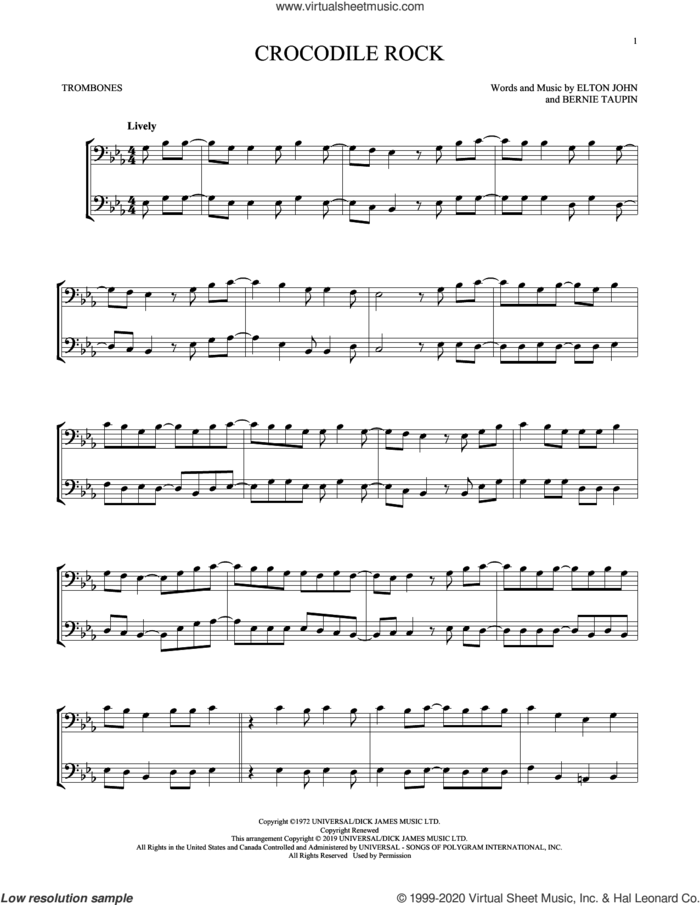 Crocodile Rock sheet music for two trombones (duet, duets) by Elton John and Bernie Taupin, intermediate skill level