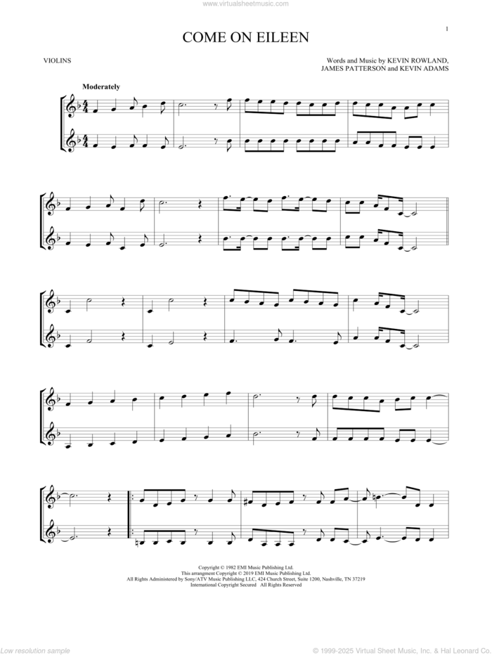 Come On Eileen sheet music for two violins (duets, violin duets) by Dexy's Midnight Runners, James Patterson, Kevin Adams and Kevin Rowland, intermediate skill level