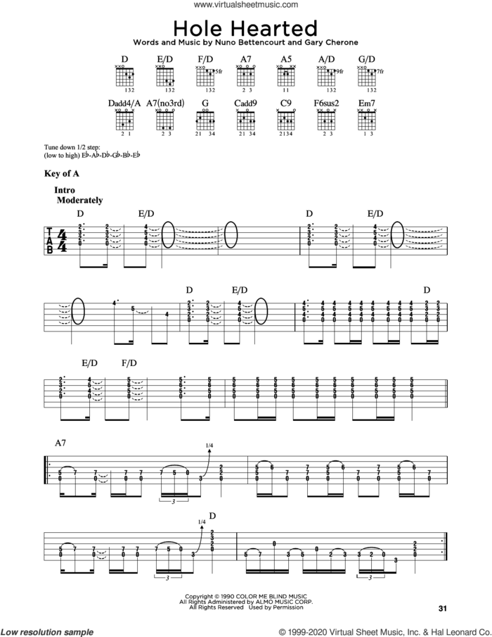 Hole Hearted sheet music for guitar solo (lead sheet) by Extreme, Gary Cherone and Nuno Bettencourt, intermediate guitar (lead sheet)
