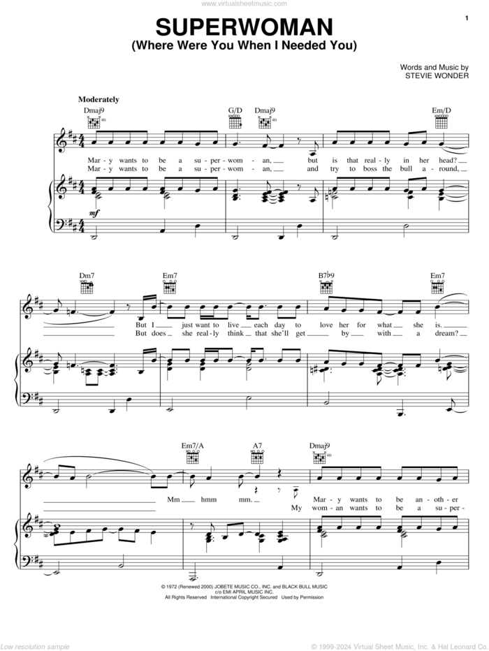 Superwoman (Where Were You When I Needed You) sheet music for voice, piano or guitar by Stevie Wonder, intermediate skill level