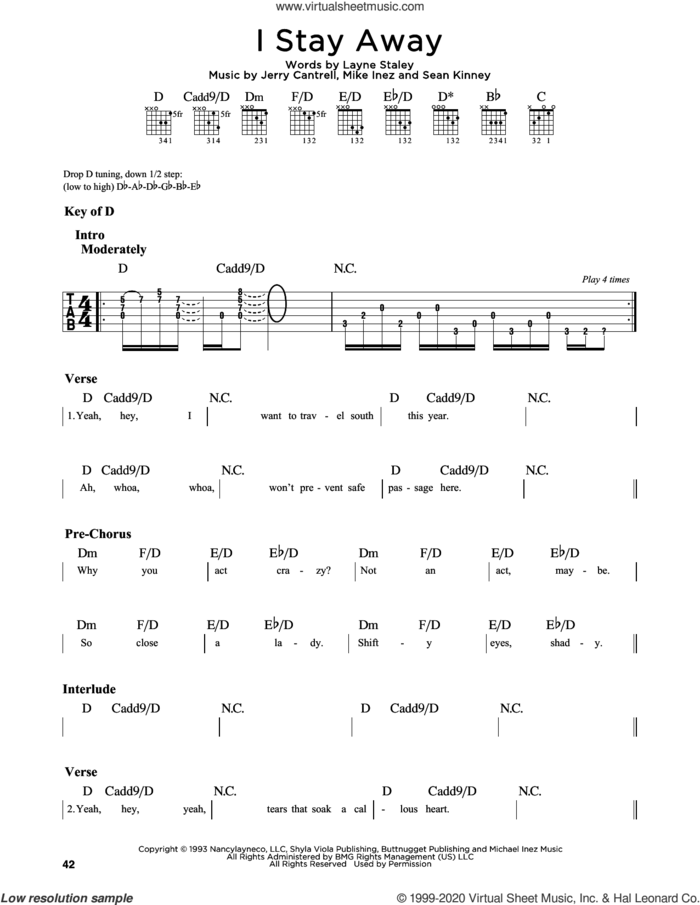 I Stay Away sheet music for guitar solo (lead sheet) by Alice In Chains, Jerry Cantrell, Layne T. Staley and Mike Inez, intermediate guitar (lead sheet)